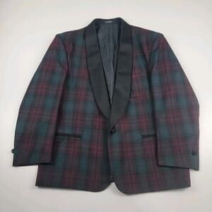 Men's Lord West Green Red Black Watch Plaid Tuxedo Jacket with Satin Lapels 48R